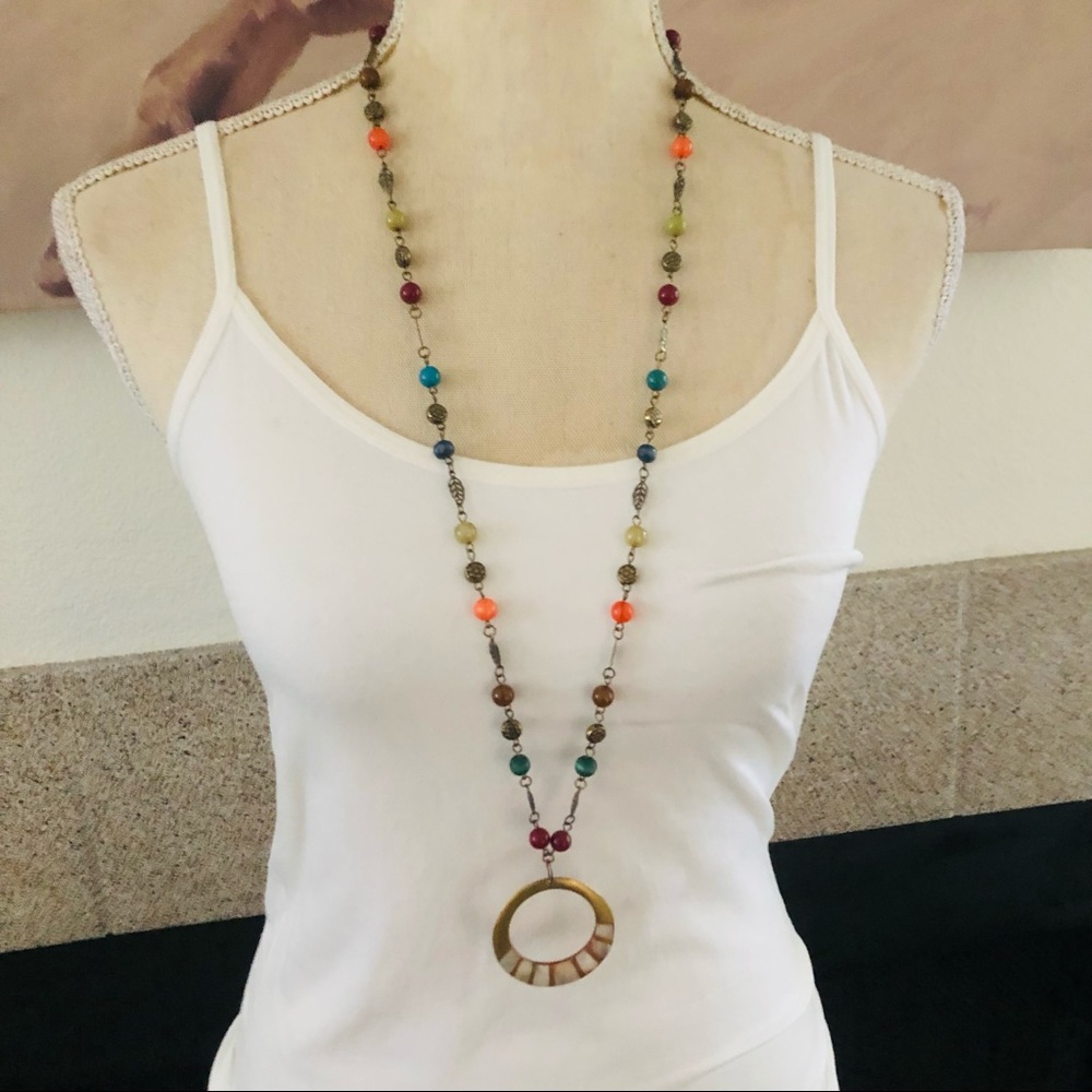 Natural inlaid shell medallion colorful marble beaded brass chain link necklace